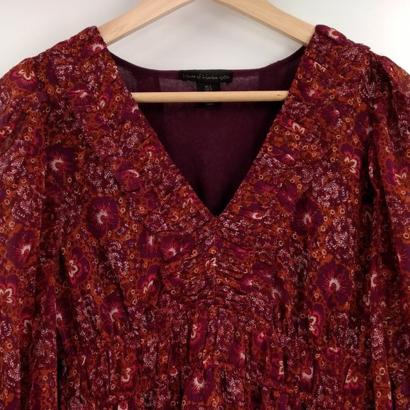 HOUSE OF HARLOW 1960 Mini Dress 2 Berry Metallic Tiered Boho Deep V Neck Lined - Picture 2 of 12